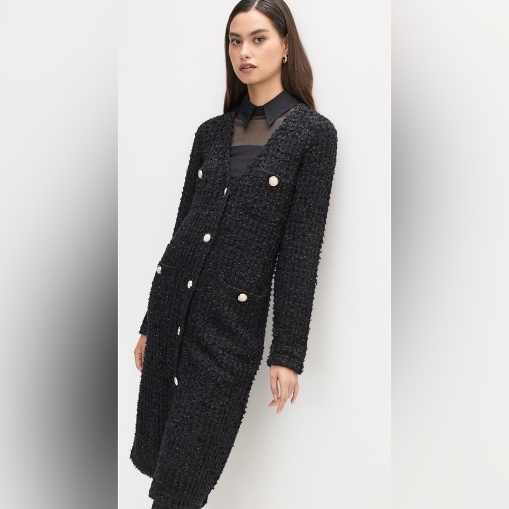 NWT Melanie Lyne Elegant Black Tweed Cardigan Gold button detail